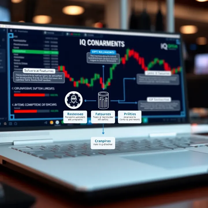 Diagram showing system requirements and software features for IQ Option