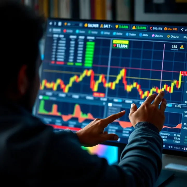User interacting with a digital investment platform featuring trading charts and market data