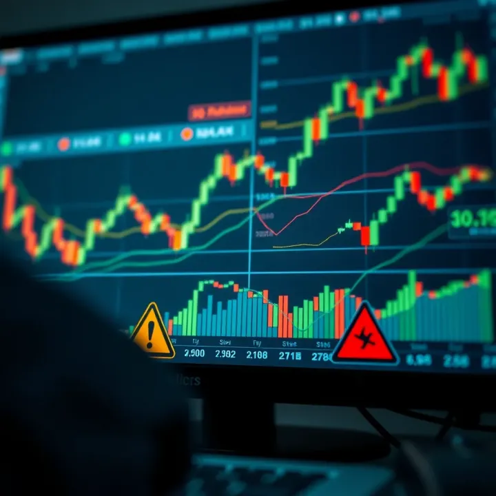 Representation of potential risks and rewards in online trading with financial charts and caution symbols