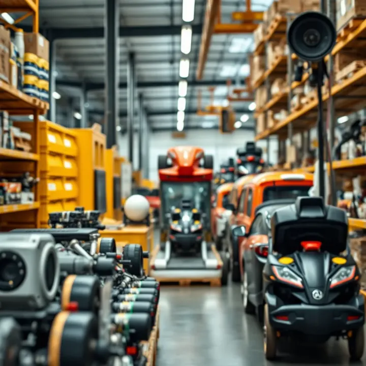 Diverse manufactured goods including electronics, automotive parts, and consumer products on display