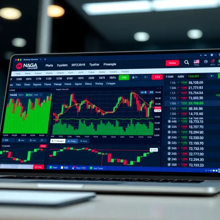 User interface displaying financial charts and social trading features on NAGA Broker platform
