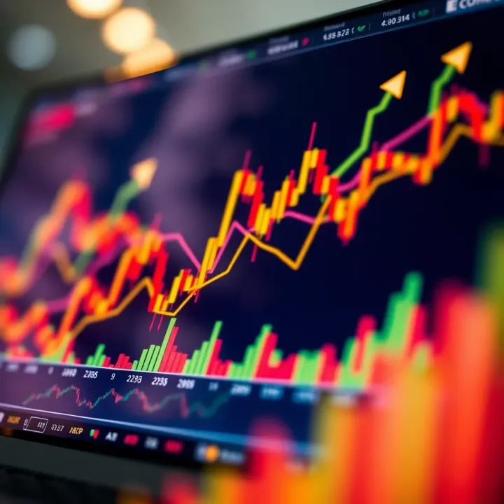 Graph showing upward and downward trends in financial trading with charts and data points