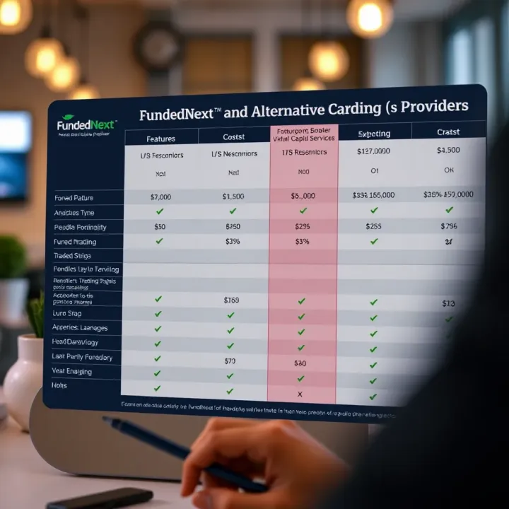 Comparison chart illustrating features and costs of FundedNext versus similar funding services