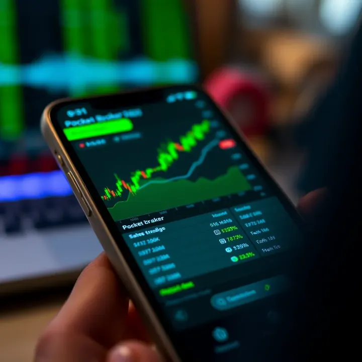 Mobile phone displaying Pocket Broker app interface with financial market charts and trading options