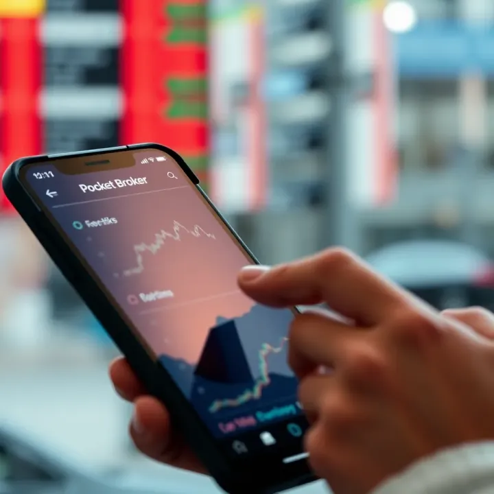 User interacting with Pocket Broker app showing market analysis tools and investment options