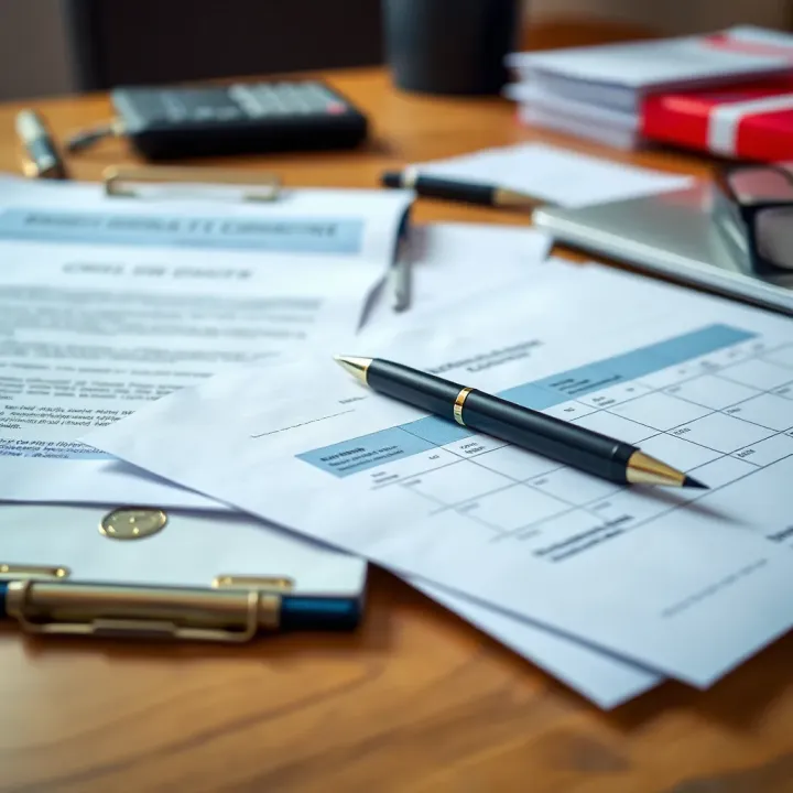 Document Preparation for Administrative Derivations Organized arrangement of official documents with a pen and laptop on a desk