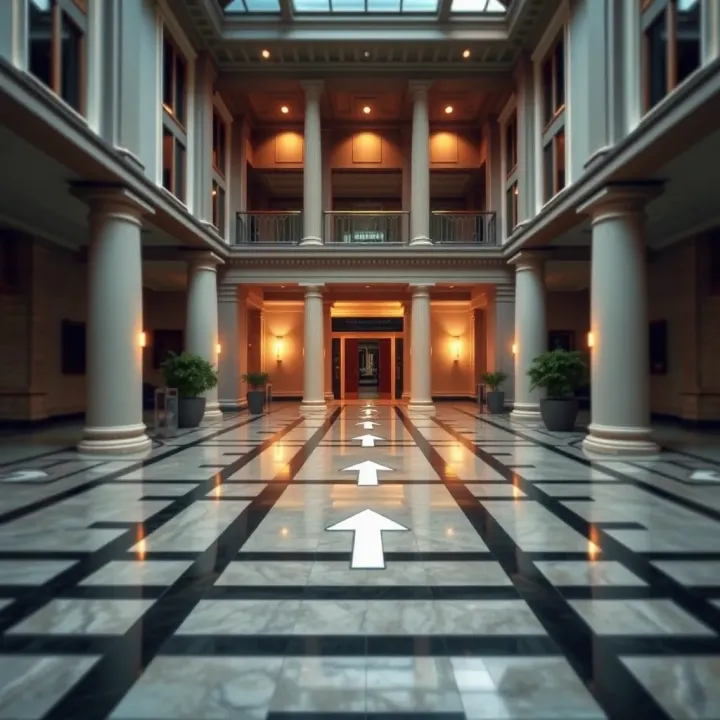 Illustration of a formal administrative building with pathways indicating entry routes