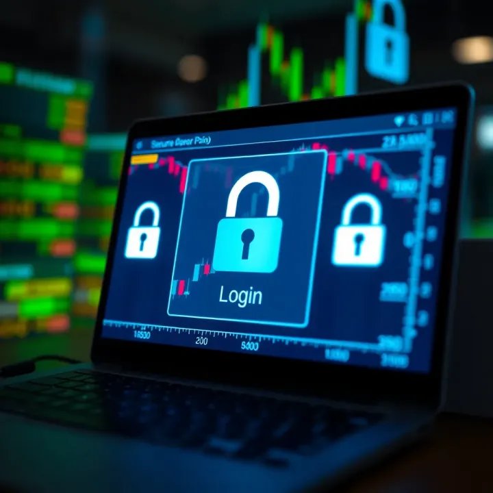 Secure login screen with encryption symbols representing trading platform security