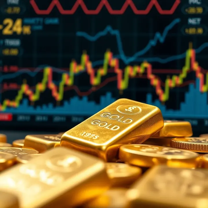 Illustration of gold bars with financial charts and investment symbols