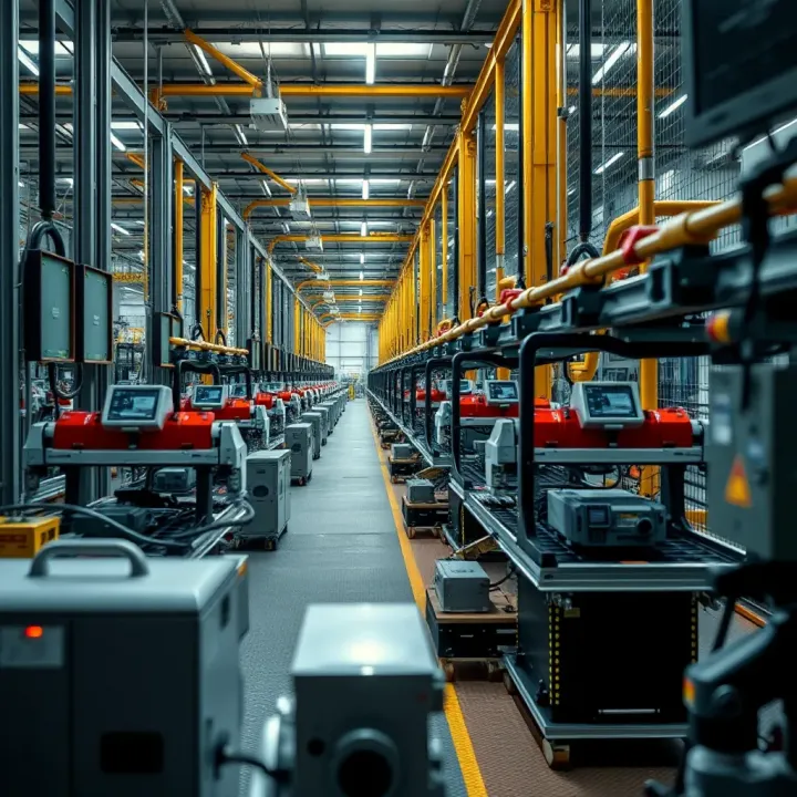 Industrial factory with advanced machinery and automated assembly lines producing various products