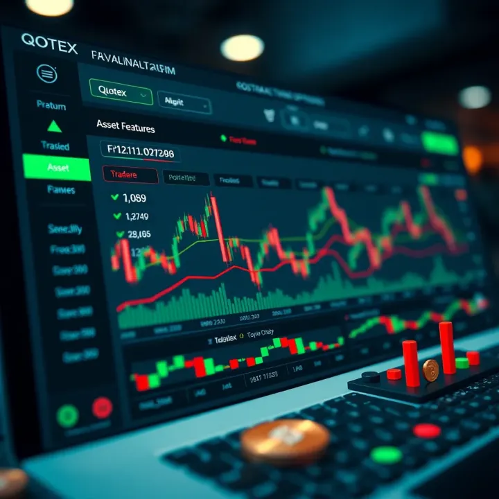 Qotex Trading Platform Features and Asset Options Graph displaying financial trading data and digital currency icons representing online assets