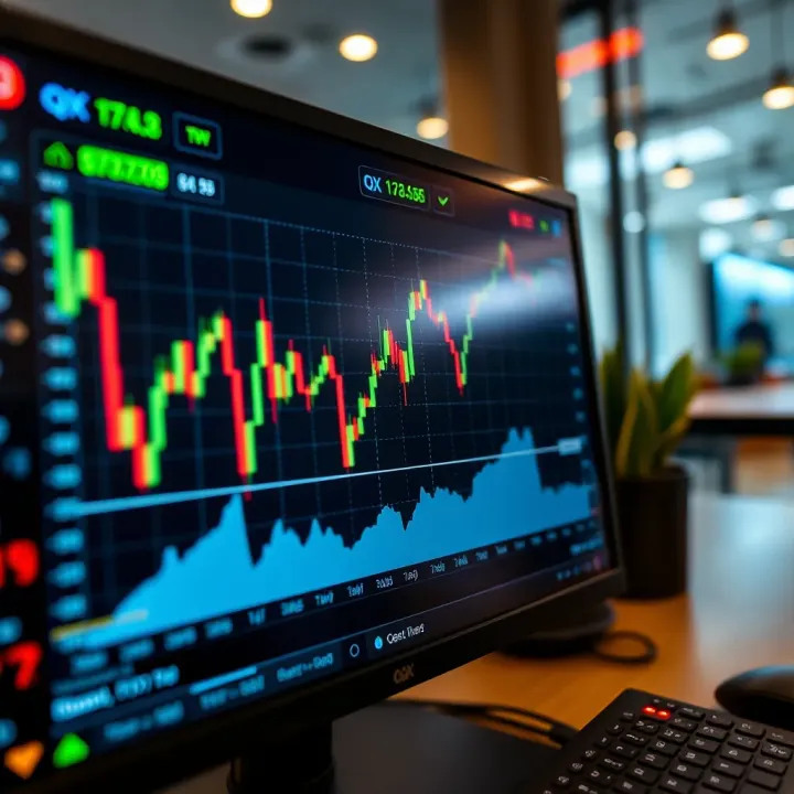 Graph showing financial market trends and broker activity on screen