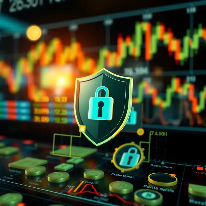 Secure digital transaction concept with protective shield over financial market icons