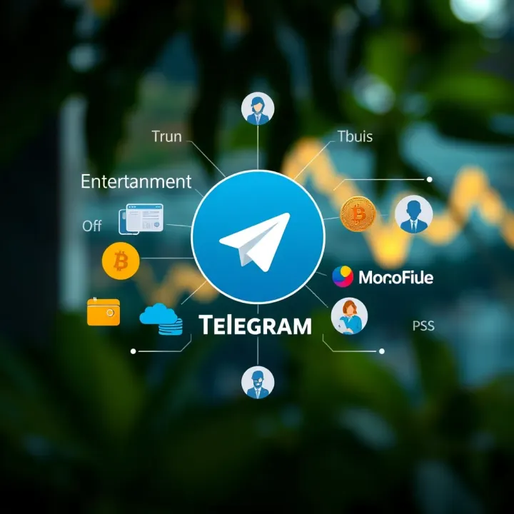 Diverse Interest Channels on Telegram in Colombia Graphic showing varied icons representing entertainment, education, and business interests connected through Telegram platform