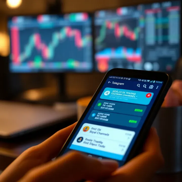 Smartphone displaying Telegram app with highlighted trading channels and signal notifications