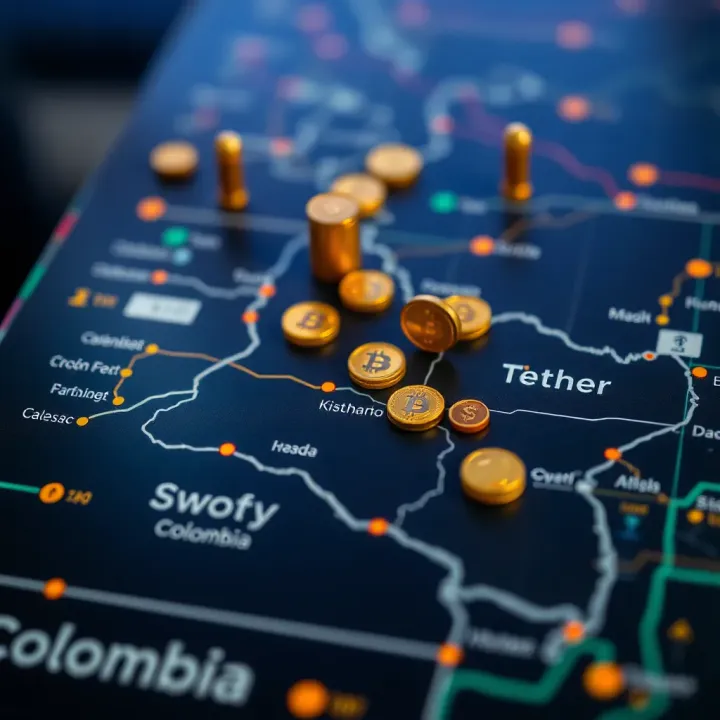 Map highlighting Colombia with cryptocurrency icons depicting Tether's influence in the digital economy