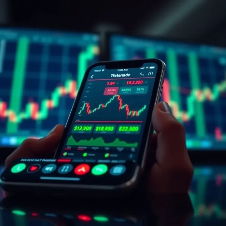 Mobile device displaying financial trading app interface with graphs and market data