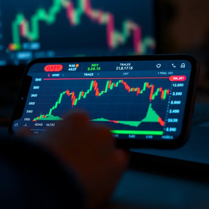 Mobile phone screen displaying a trading application with stock charts and financial data