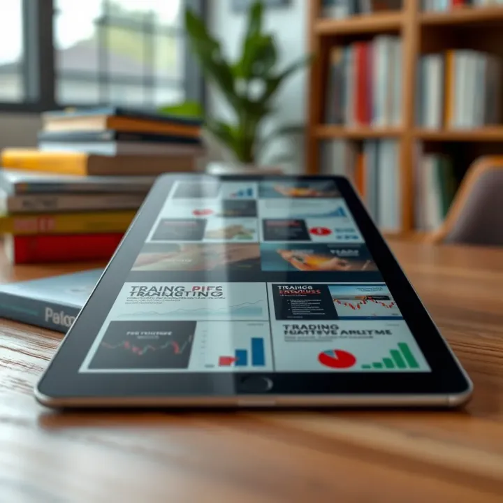 Digital tablet showing a collection of trading books available for download in PDF format