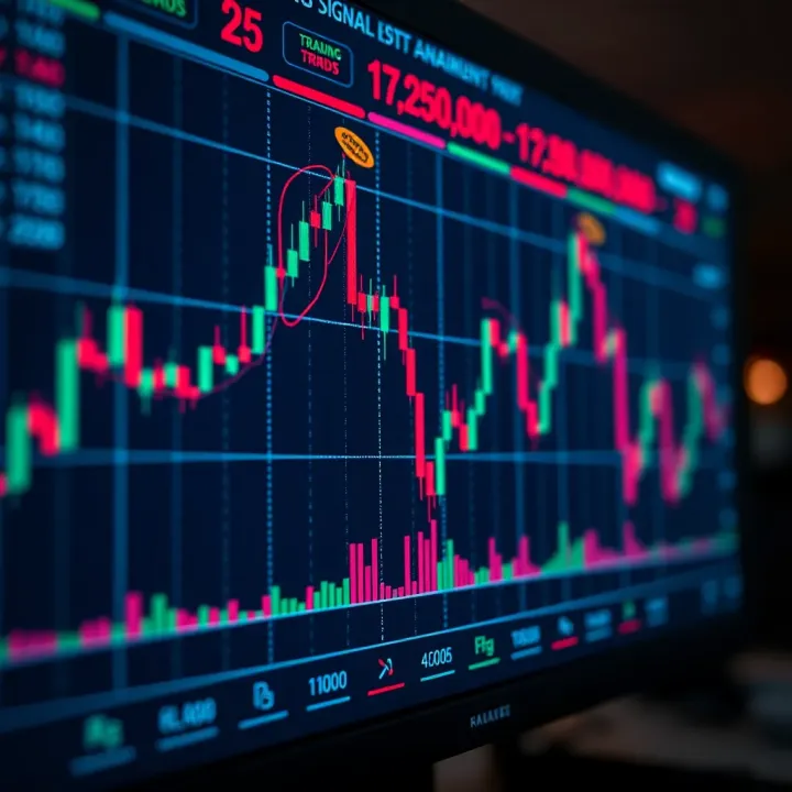 Graph showing financial market trends with candlestick patterns and trading signals on a digital screen