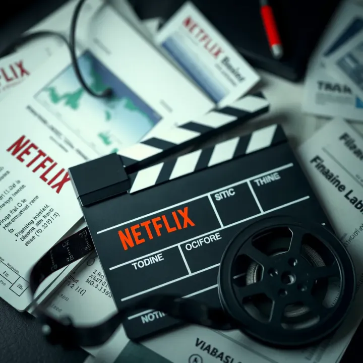 Cinema and Finance: Exploring Trading Themes on Netflix Clapperboard and film reel alongside financial documents symbolizing movies about trading and finance